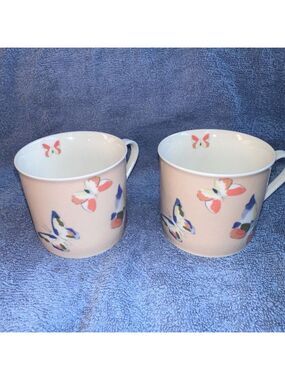 Vintage HTF Lynns Farfalla Fine China Pink White Butterflies Tea Cups Set Of 2